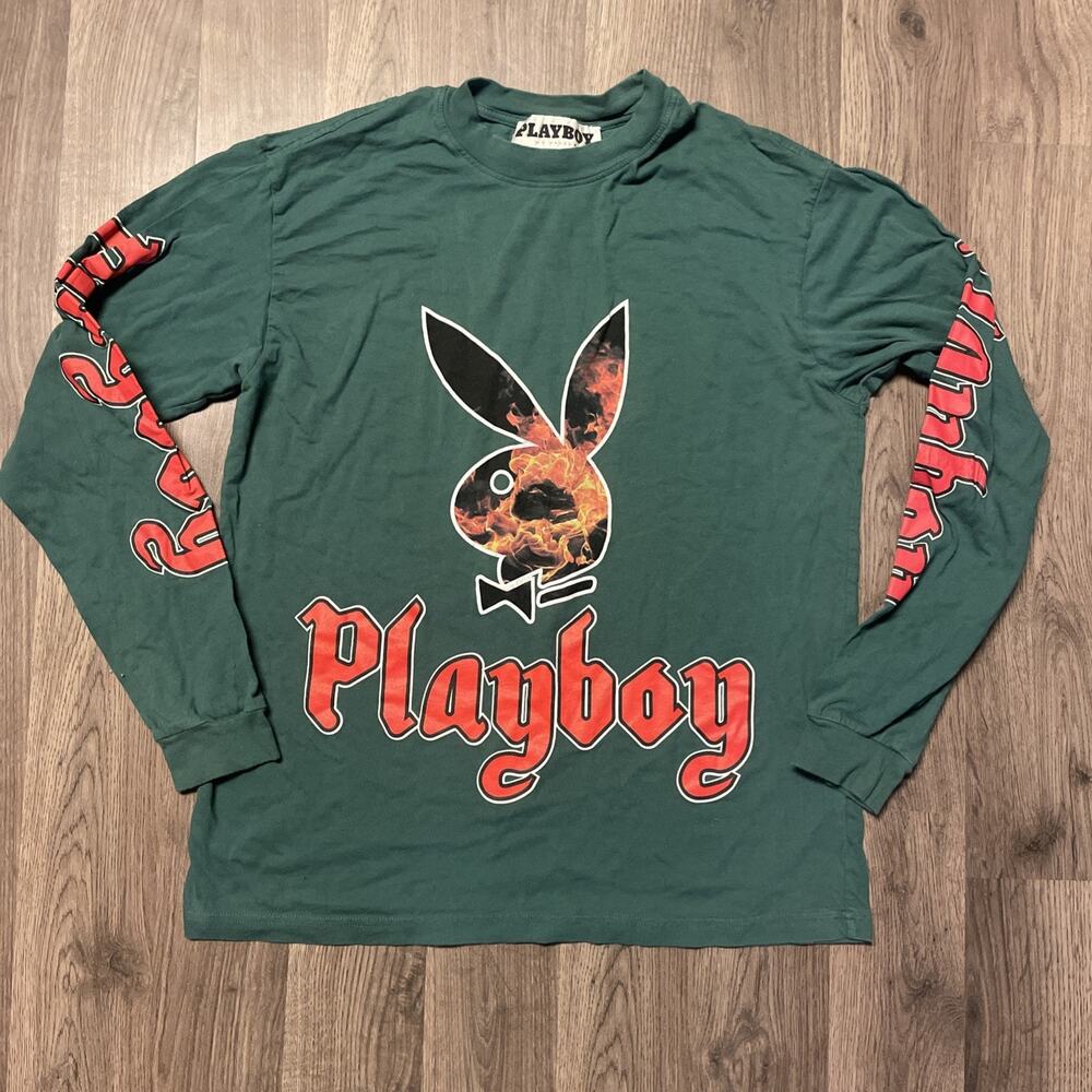 Playboy PacSun Flame Bunny Logo Green Long Sleeve Shirt Size M